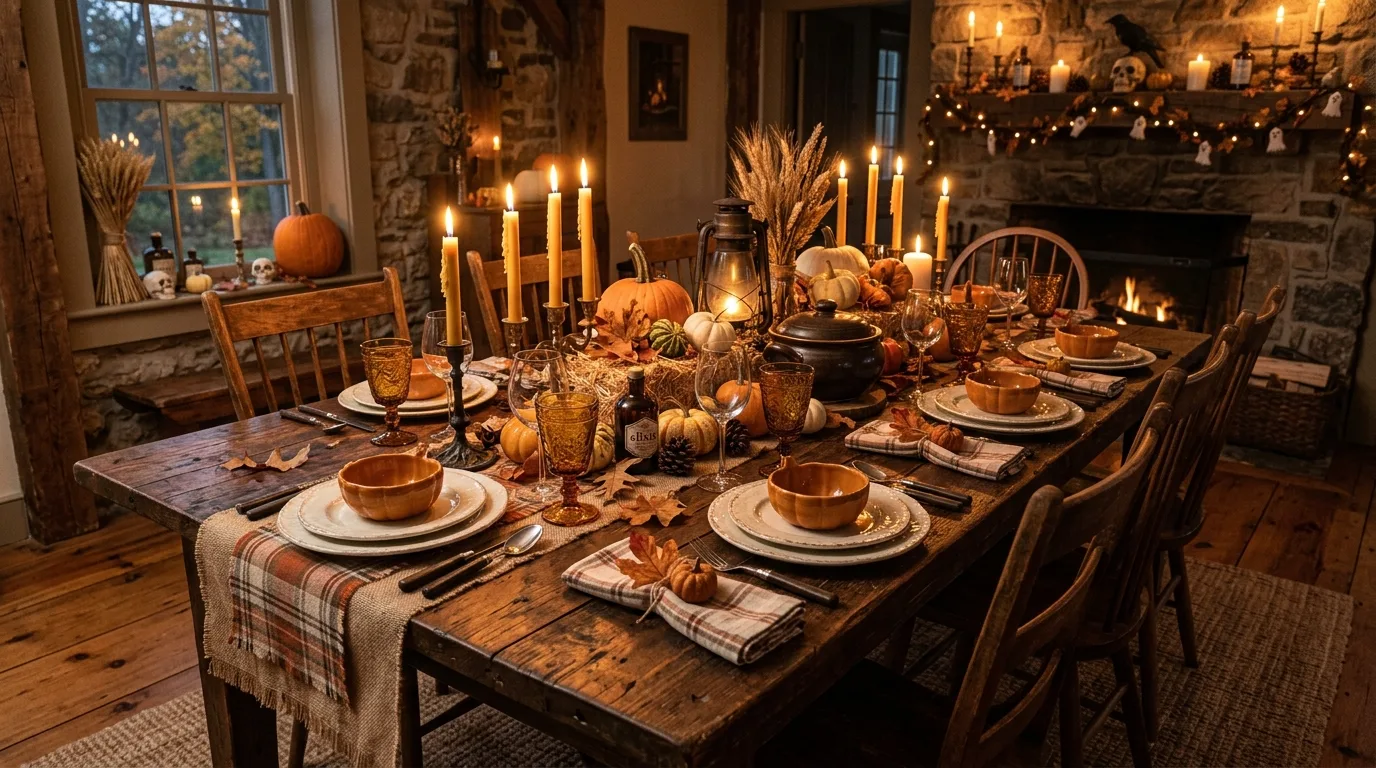 Keep place settings festive without crowding them inspiration for a Halloween dining table.